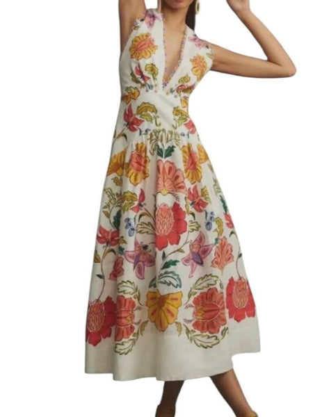 *Farm Rio Floral Insects Linen Sleeveless V-Neck Maxi Dress, Size M