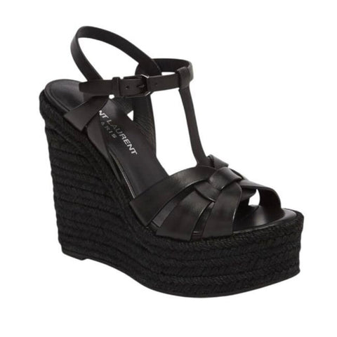 *Saint Laurent Tribute Leather Braided Ankle Strap Platform Wedge Espadrille Sandals, Size 40