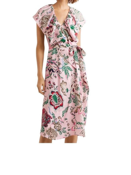 ^Tory Burch Adelia Silk & Viscose Floral Ruffle Trim Sleeveless Wrap Midi Dress, Size 8