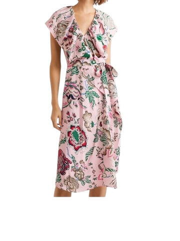 *Tory Burch Adelia Silk & Viscose Floral Ruffle Trim Sleeveless Wrap Midi Dress, Size 8