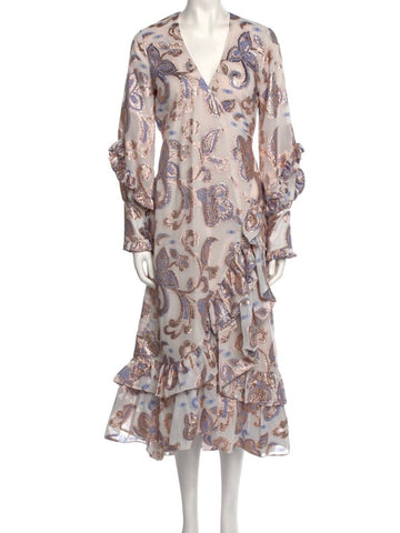 ^AS IS Alexis Abessa Metallic Paisley Ruffle Trim Long Sleeve Wrap Midi Dress, Size S-LOOSE THREADS