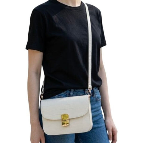 ^Sezane Milo Mini Leather Embossed Crocodile Flap Closure Chain Strap Crossbody Bag