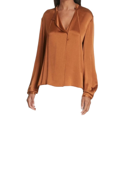 *Vince Silk Long Sleeve Asymmetric Tie Neck Top, Size S