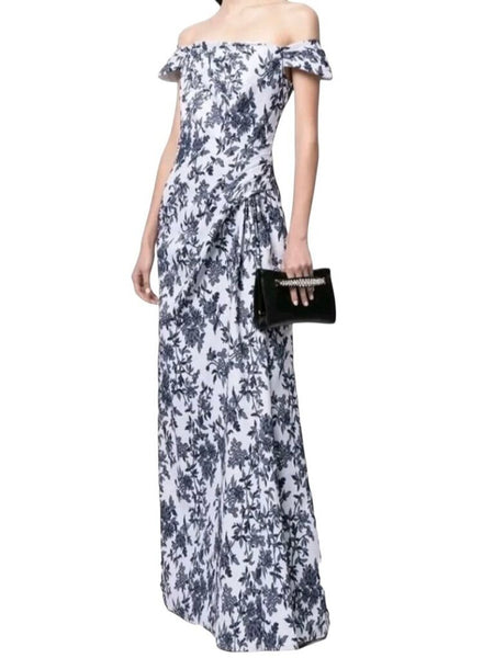 *Tadashi Shoji Airi Jacquard Floral Off The Shoulder Cap Sleeve Draped Maxi Dress, Size 4