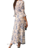 *Reformation Carolena Crepe Floral Smocked Elbow Sleeve Round Neck Front Slit Midi Dress, Size 6