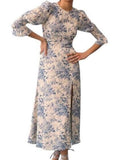 *Reformation Carolena Crepe Floral Smocked Elbow Sleeve Round Neck Front Slit Midi Dress, Size 6
