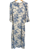 *Reformation Carolena Crepe Floral Smocked Elbow Sleeve Round Neck Front Slit Midi Dress, Size 6