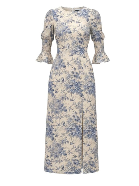 *Reformation Carolena Crepe Floral Smocked Elbow Sleeve Round Neck Front Slit Midi Dress, Size 6