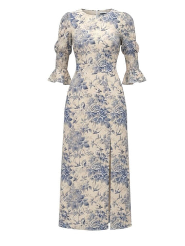 *Reformation Carolena Crepe Floral Smocked Elbow Sleeve Round Neck Front Slit Midi Dress, Size 6