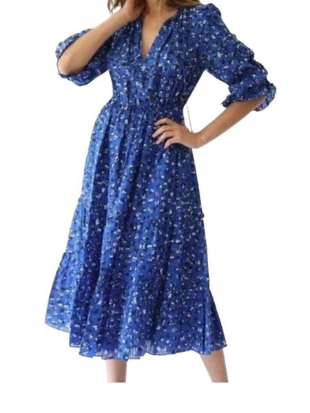 *Ulla Johnson Fantine Cotton & Silk Floral Ruffle Trim 3/4 Sleeve Tie Split Neck Tiered Midi Dress, Size 4