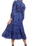 *Ulla Johnson Fantine Cotton & Silk Floral Ruffle Trim 3/4 Sleeve Tie Split Neck Tiered Midi Dress, Size 4