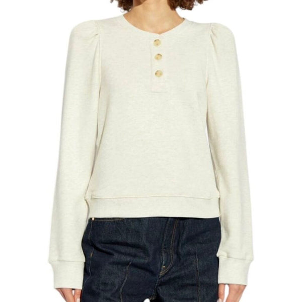 *NWT Ulla Johnson Hudson French Terry Long Puff Sleeve Button Neck Henley Sweatshirt, Size S
