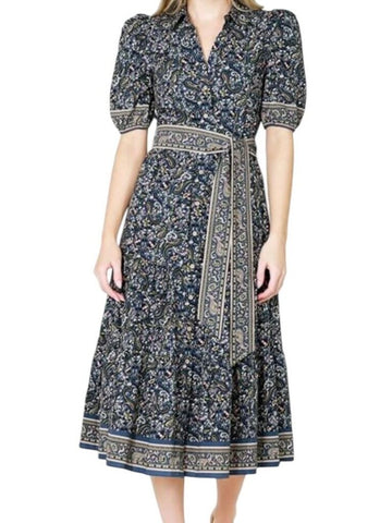 *Veronica Beard Eunice Cotton Paisley Elbow Sleeve Collared Button-Up Midi Dress, Size 4
