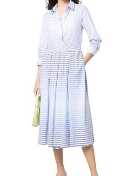 *Sara Roka Cotton Gingham 3/4 Sleeve Asymmetrical Button-Up Contrast Tie Waist Midi Shirt Dress, Size 42=US 6