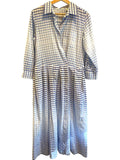 *Sara Roka Cotton Gingham 3/4 Sleeve Asymmetrical Button-Up Contrast Tie Waist Midi Shirt Dress, Size 42=US 6