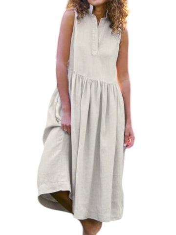 *Frank & Eileen Daphne Washed Linen Solid Sleeveless Gathered Waist Popover Midi Dress, Size M