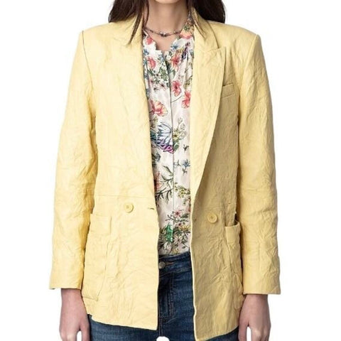 ^Zadig & Voltaire Visco Crinkled Leather Double Breasted Peak Lapel Blazer, Size FR 38=US 6