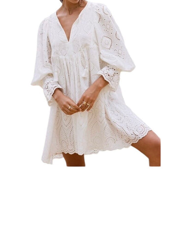 *Spell & the Gypsy Dylan Cotton Eyelet Balloon Sleeve Tie Split Neck Mini Smock Dress, Size L