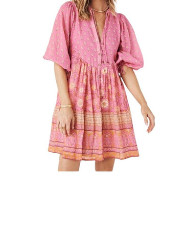 ^Spell Utopia Cotton Floral Blockprint Puff Sleeve Tie Split Neck Button-Up Mini Dress, Size L