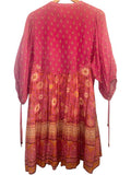 *Spell Utopia Cotton Floral Blockprint Puff Sleeve Tie Split Neck Button-Up Mini Dress, Size L