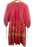 *Spell Utopia Cotton Floral Blockprint Puff Sleeve Tie Split Neck Button-Up Mini Dress, Size L