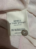 *Spell Utopia Cotton Floral Blockprint Puff Sleeve Tie Split Neck Button-Up Mini Dress, Size L
