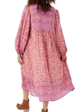 *Spell & the Gypsy Folk Song Cotton Blend Blockprint Long Sleeve Tie Split Neck Midi Dress, Size M