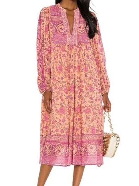 *Spell & the Gypsy Folk Song Cotton Blend Blockprint Long Sleeve Tie Split Neck Midi Dress, Size M