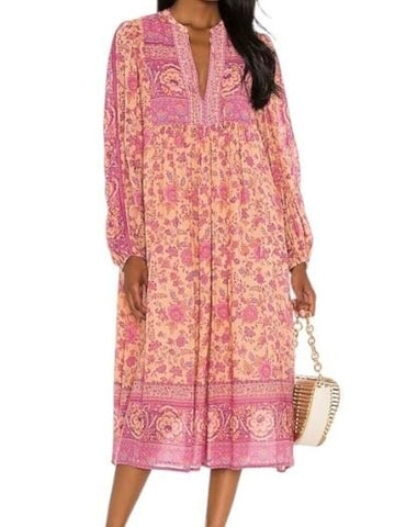 ^Spell & the Gypsy Folk Song Cotton Blend Blockprint Long Sleeve Tie Split Neck Midi Dress, Size M