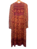 *Spell & the Gypsy Folk Song Cotton Blend Blockprint Long Sleeve Tie Split Neck Midi Dress, Size M