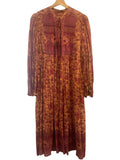 *Spell & the Gypsy Folk Song Cotton Blend Blockprint Long Sleeve Tie Split Neck Midi Dress, Size M