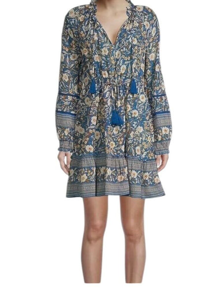 *Oliphant Napa Metallic Blockprint Balloon Long Sleeve Tassel Tie Split Neck Tiered Mini Dress, Size L