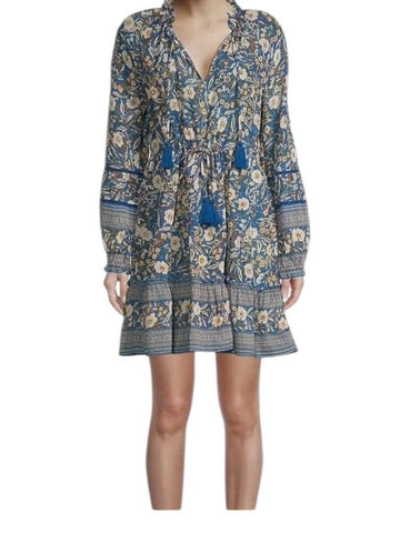 *Oliphant Napa Metallic Blockprint Balloon Long Sleeve Tassel Tie Split Neck Tiered Mini Dress, Size L