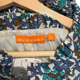 *Oliphant Napa Metallic Blockprint Balloon Long Sleeve Tassel Tie Split Neck Tiered Mini Dress, Size L