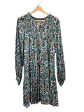 *Oliphant Napa Metallic Blockprint Balloon Long Sleeve Tassel Tie Split Neck Tiered Mini Dress, Size L