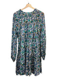 *Oliphant Napa Metallic Blockprint Balloon Long Sleeve Tassel Tie Split Neck Tiered Mini Dress, Size L