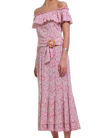 Poupette St. Barth Bella Floral Ruffle Off Shoulder Belted Midi Dress, Size XS