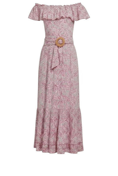 *Poupette St. Barth Bella Floral Ruffle Off Shoulder Belted Midi Dress, Size XS