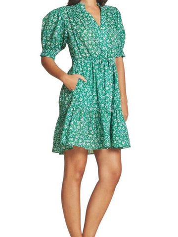 ^Trovata Phoebe Cotton Floral Puff Sleeve V-Neck Button Up Tie Waist Mini Dress, Size XS