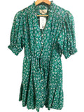 *Trovata Phoebe Cotton Floral Puff Sleeve V-Neck Button Up Tie Waist Mini Dress, Size XS