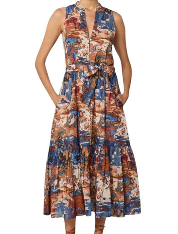 *Cleobella Izora Cotton Marble Sleeveless Split neck Button-Up Belted Midi Shirt Dress, Size S