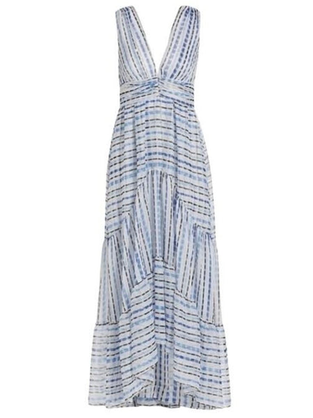 *MISA Dominika Chiffon Scorpios Stripe Sleeveless Double V-Neck Tiered Maxi Dress, Size S