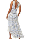 *MISA Dominika Chiffon Scorpios Stripe Sleeveless Double V-Neck Tiered Maxi Dress, Size S