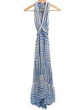 *MISA Dominika Chiffon Scorpios Stripe Sleeveless Double V-Neck Tiered Maxi Dress, Size S