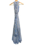 *MISA Dominika Chiffon Scorpios Stripe Sleeveless Double V-Neck Tiered Maxi Dress, Size S