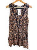 *Veronica Beard Leanna Cotton Blockprint Ladder Trim Sleeveless V-Neck Shift Mini Dress, Size S