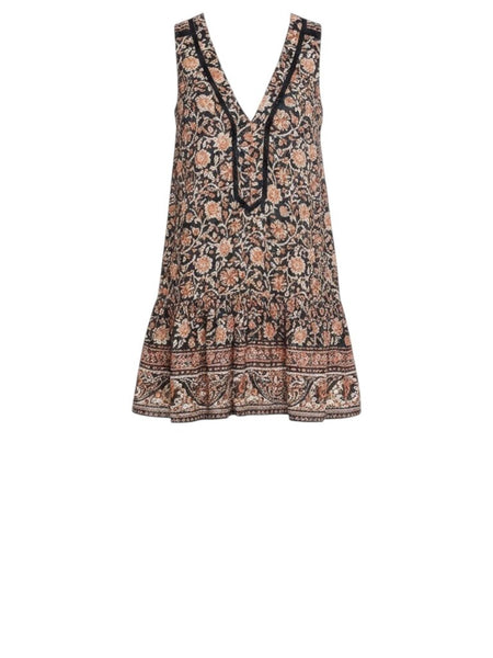 *Veronica Beard Leanna Cotton Blockprint Ladder Trim Sleeveless V-Neck Shift Mini Dress, Size S