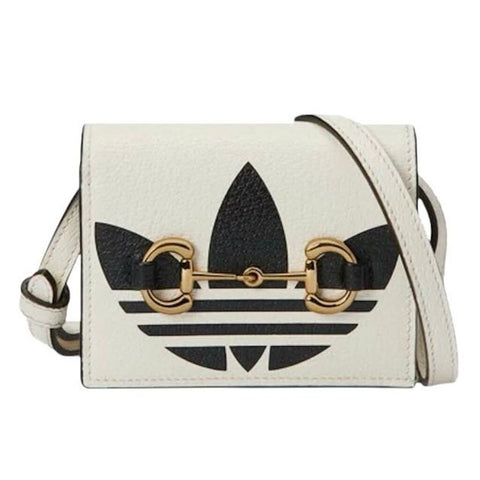 ^Gucci x Adidas Horsebit Shoulder Wallet Pebbled Leather Removable Strap Crossbody Bag