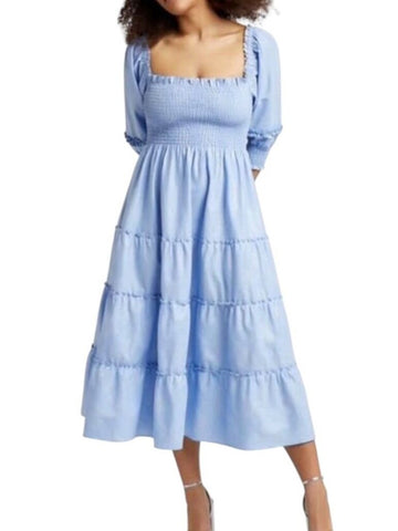 *Hill House The Nesli Nap Cotton Glitter Check Smocked Puff Sleeve Tiered Midi Dress, Size S