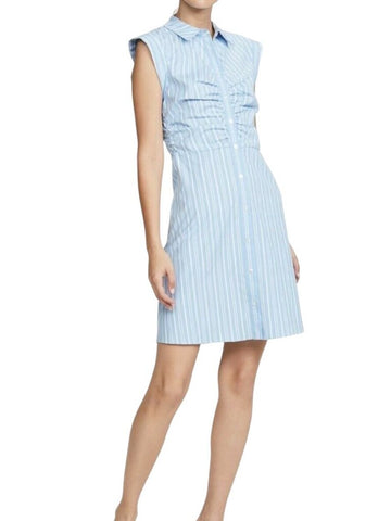*Veronica Beard Ferris Cotton Striped Sleeveless Cuff Detail Collared Button-Down Rusched Bodice Midi Dress, Size 2